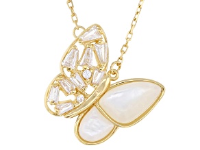 White Cubic Zirconia And Mother Of Pearl 14k Yellow Gold Over Silver Butterfly Necklace 0.74ctw