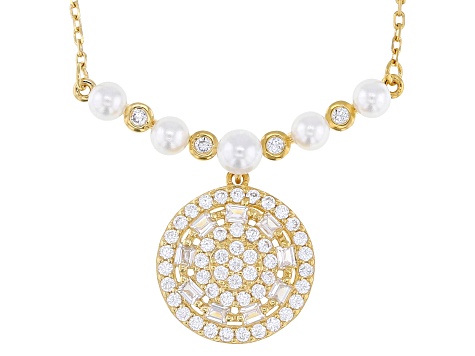 White Cubic Zirconia And Cultured 3mm White Pearl 14k Yellow Gold Over Silver Necklace 1.03ctw