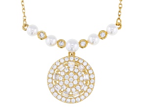 White Cubic Zirconia And Cultured 3mm White Pearl 14k Yellow Gold Over Silver Necklace 1.03ctw