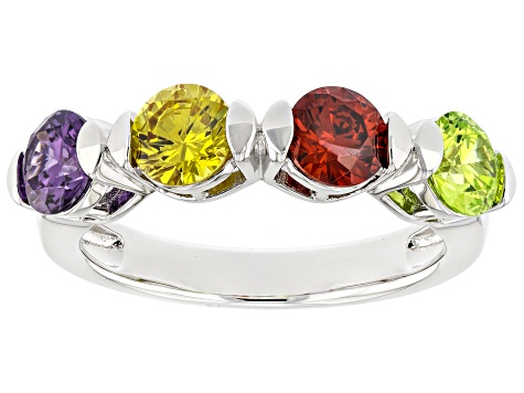 Green, Red, Purple, And Orange Cubic Zirconia Rhodium Over Sterling Silver Ring 3.22ctw