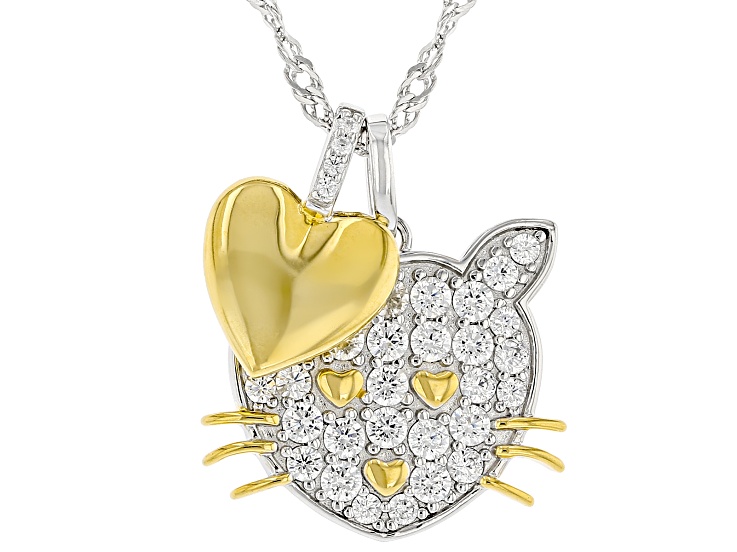 White Cubic Zirconia Rhodium And 18k Yellow Gold Over Sterling Silver Cat Pendant