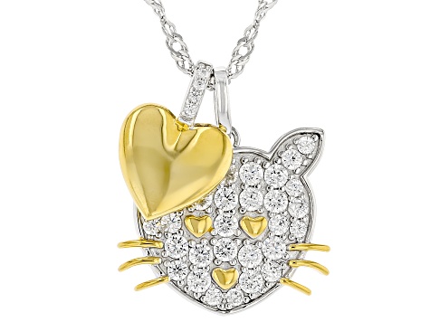 White Cubic Zirconia Rhodium And 18k Yellow Gold Over Sterling Silver Cat Pendant