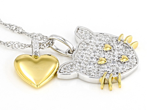 White Cubic Zirconia Rhodium And 18k Yellow Gold Over Sterling Silver Cat Pendant