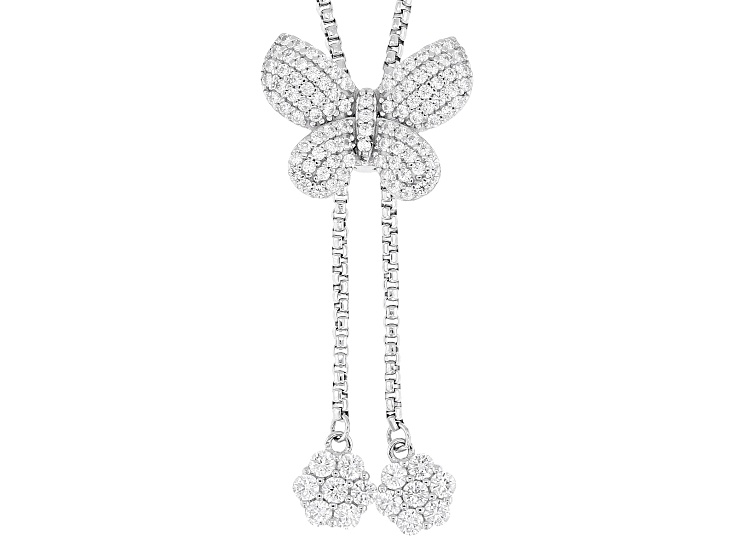 White Cubic Zirconia Rhodium Over Sterling Silver Butterfly Bolo Necklace 1.52ctw