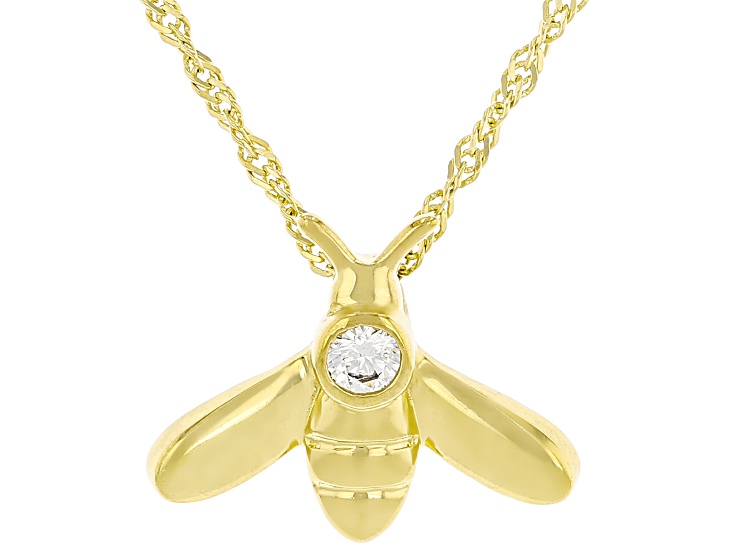 White Cubic Zirconia 18k Yellow Gold Over Sterling Silver Bee Pendant 0.15ctw