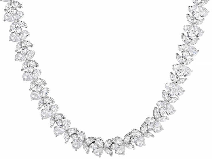 White Cubic Zirconia Rhodium Over Sterling Silver Flower Tennis Necklace 72.96ctw