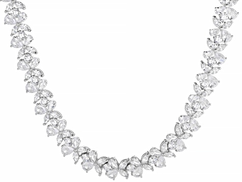 White Cubic Zirconia Rhodium Over Sterling Silver Flower Tennis Necklace 72.96ctw