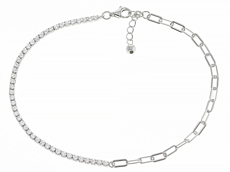 White Cubic Zirconia Rhodium Over Sterling Silver Paperclip Tennis Anklet 0.33ctw