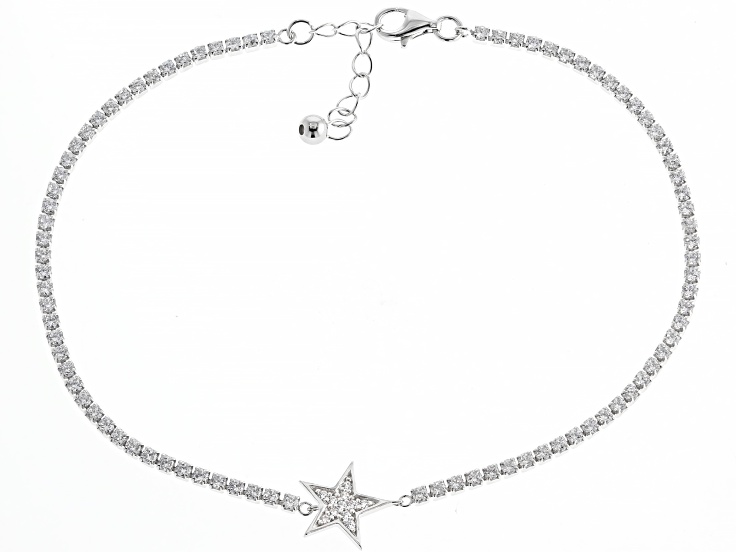 White Cubic Zirconia Rhodium Over Sterling Silver Star Tennis Anklet 0.77ctw