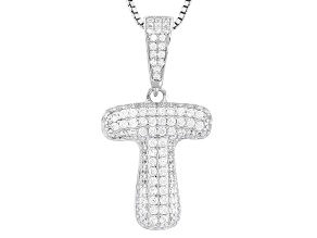 White Cubic Zirconia Rhodium Over Sterling Silver "T" Initial Bubble Pendant 1.24ctw