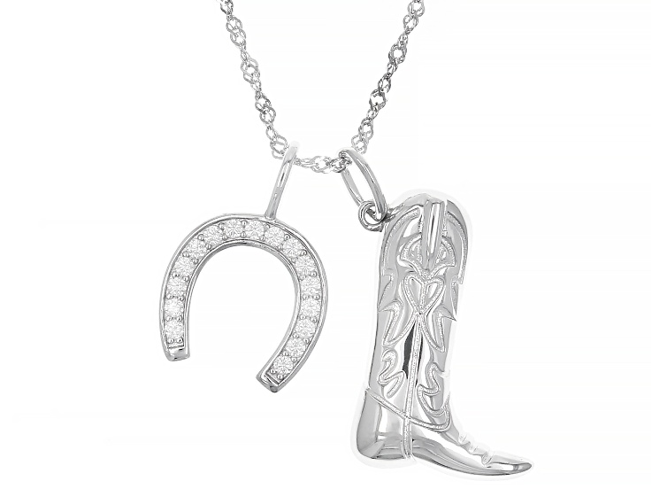White Cubic Zirconia Rhodium Over Sterling Silver Cowboy Boot And Horseshoe Pendant 0.57ctw