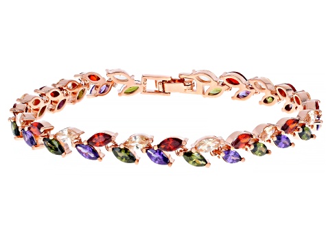 Multi-Color Cubic Zirconia 18K Rose Gold Over Brass Tennis Bracelet 10.12ctw
