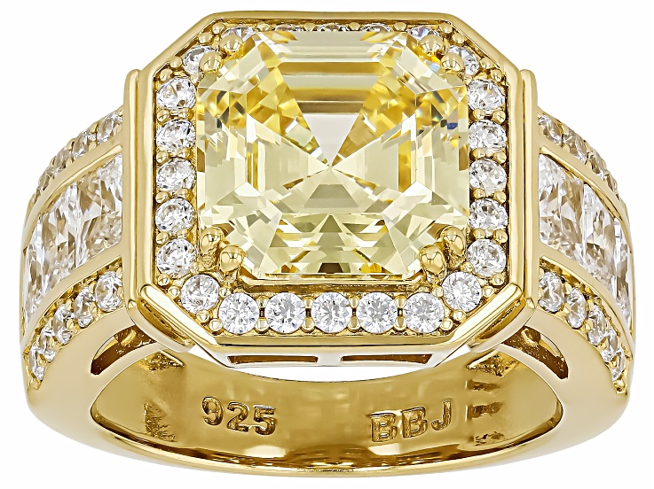 Canary And White Cubic Zirconia 18k Yellow Gold Over Sterling Silver Asscher Cut Ring 9.55ctw