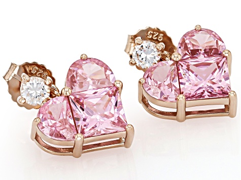 Pink And White Cubic Zirconia 18k Rose Gold Over Sterling Silver Heart Earrings 9.45ctw