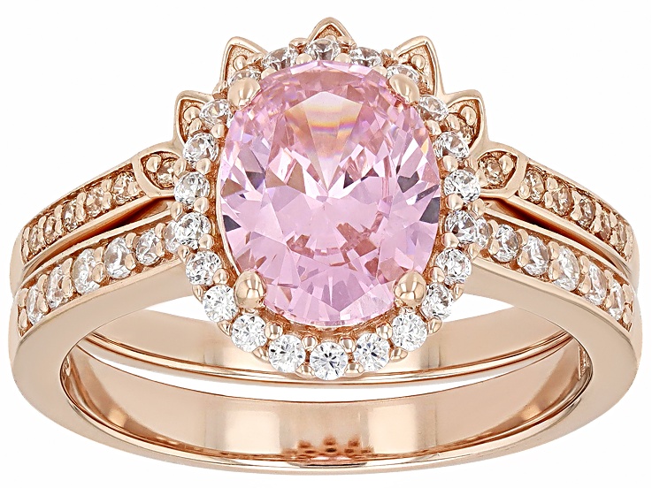 Pink, Champagne, And White Cubic Zirconia 18k Rose Gold Over Sterling Silver Ring Set 3.45ctw