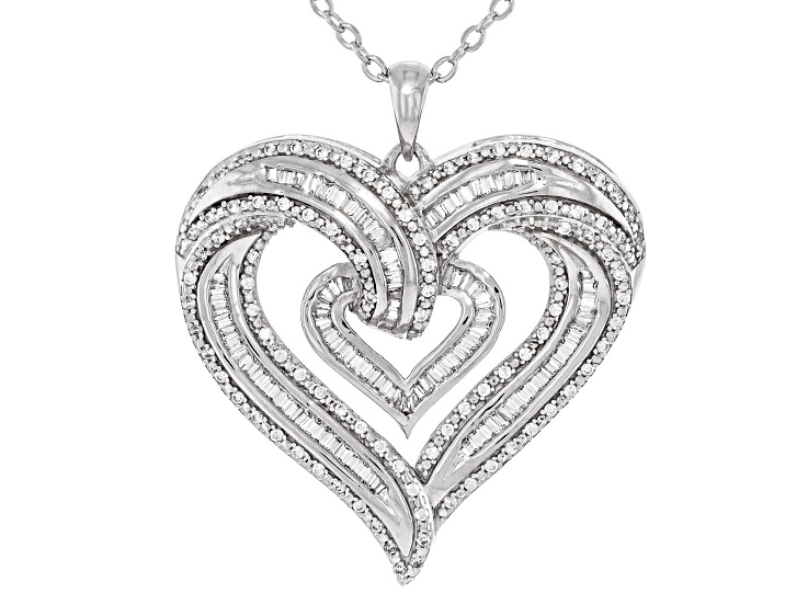 White Cubic Zirconia Rhodium Over Brass Heart Pendant 1.50