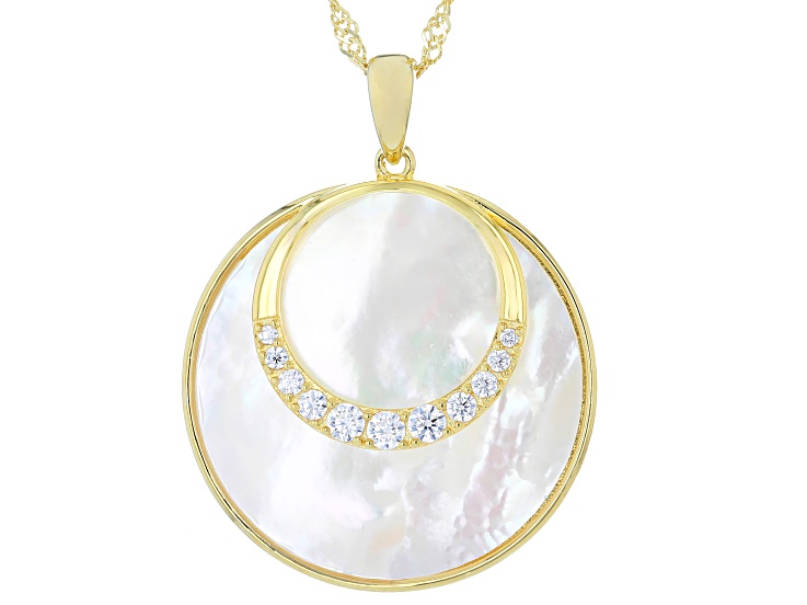 White Cubic Zirconia And Mother-Of-Pearl 18k Yellow Gold Over Silver Pendant 0.57ctw