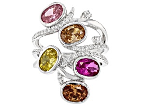 Lab Created Ruby, Pink, Champagne, Yellow, And White Cubic Zirconia Rhodium Over Silver Ring 6.15ctw