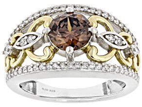 Mocha And White Cubic Zirconia Rhodium And 18k Yellow Gold Over Sterling Silver Ring 2.45ctw