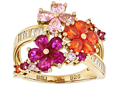 Lab Ruby, Orange, Pink, And White Cubic Zirconia 18k Yellow Gold Over Silver Flower Ring 3.57ctw