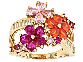 Lab Ruby, Orange, Pink, And White Cubic Zirconia 18k Yellow Gold Over Silver Flower Ring 3.57ctw