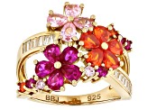 Lab Ruby, Orange, Pink, And White Cubic Zirconia 18k Yellow Gold Over Silver Flower Ring 3.57ctw
