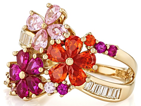 Lab Ruby, Orange, Pink, And White Cubic Zirconia 18k Yellow Gold Over Silver Flower Ring 3.57ctw