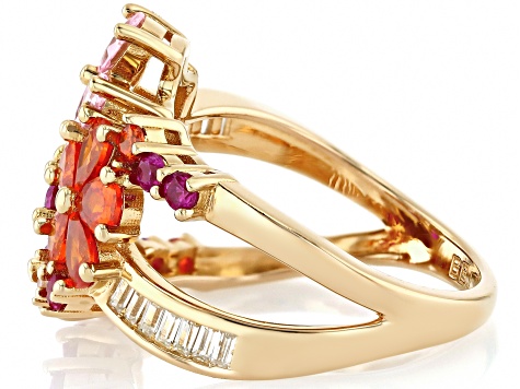 Lab Ruby, Orange, Pink, And White Cubic Zirconia 18k Yellow Gold Over Silver Flower Ring 3.57ctw