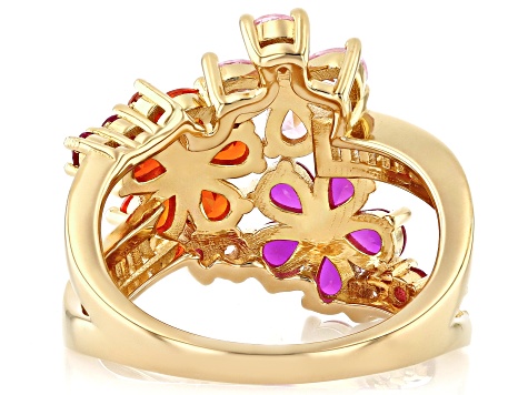 Lab Ruby, Orange, Pink, And White Cubic Zirconia 18k Yellow Gold Over Silver Flower Ring 3.57ctw