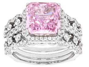 Pink and White Cubic Zirconia Rhodium Over Sterling Silver Ice Flower Cut Ring Set 8.00ctw