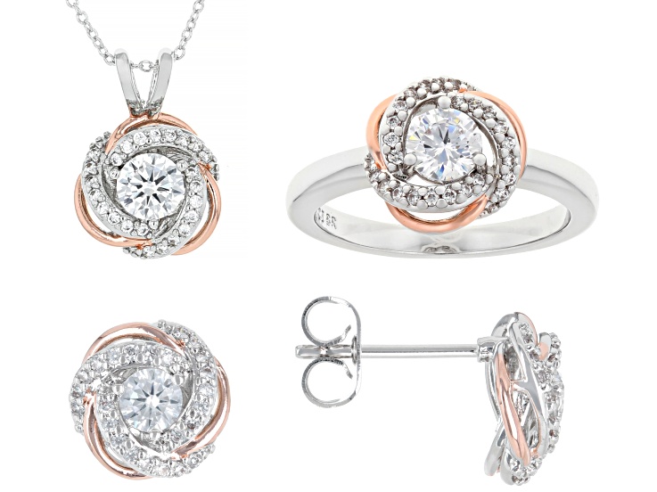 White Cubic Zirconia Rhodium And 18k Rose Gold Over Brass Jewelry