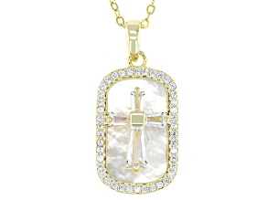 Mother-of-Pearl and White Cubic Zirconia 18k Yellow Gold Over Sterling Silver Cross Pendant 0.94ctw