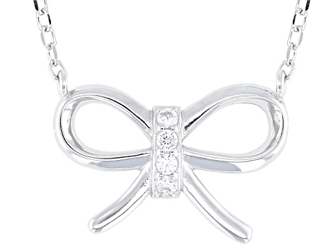 Cubic Zirconia Rhodium Over Sterling Silver Bow Necklace 0.03ctw