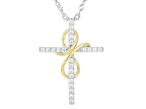 Cubic Zirconia Rhodium and 18k Yellow Gold Over Sterling Silver Cross Pendant 0.64ctw