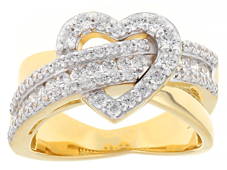 White Cubic Zirconia 18k Yellow Gold and Rhodium Over Sterling Silver Heart Ring 1.68ctw