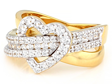 White Cubic Zirconia 18k Yellow Gold and Rhodium Over Sterling Silver Heart Ring 1.68ctw