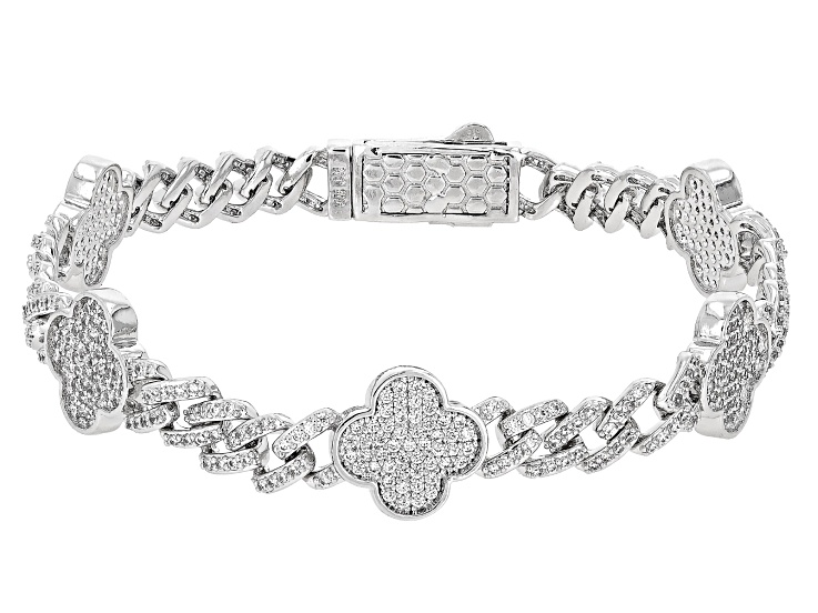 White Cubic Zirconia Rhodium Over Brass Monaco Link Clover Bracelet 5.10ctw
