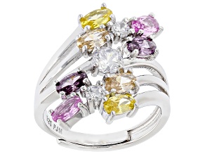 Multi Color Cubic Zirconia and Pink Lab Sapphire Rhodium Over Sterling Silver Bypass Ring 3.22ctw