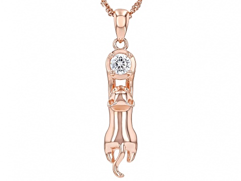 White Cubic Zirconia 18K Rose Gold Over Sterling Silver Cat Motif Pendant with Chain 0.86ctw