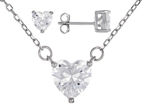 White Cubic Zirconia Rhodium Over Silver Heart Necklace and Stud Earring Stocking Gift Set 2.29ctw