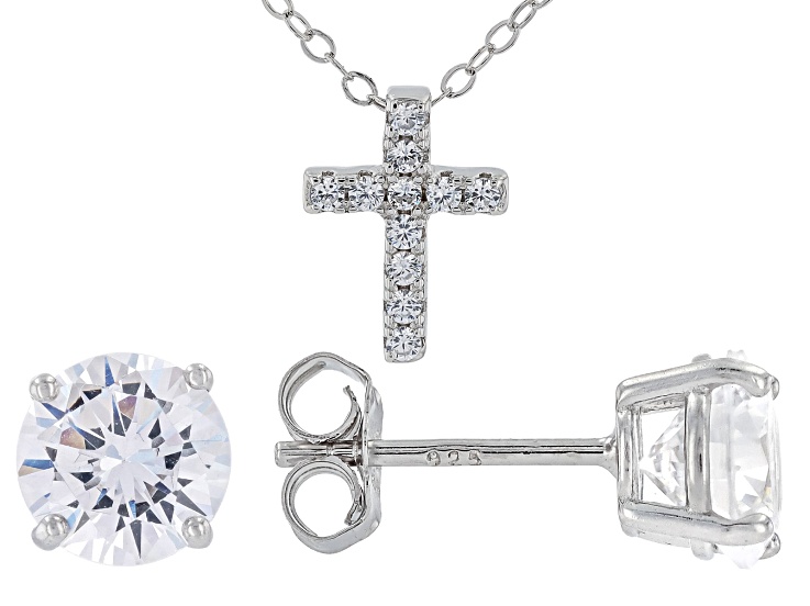White Cubic Zirconia Rhodium Over Sterling Silver Cross Pendant