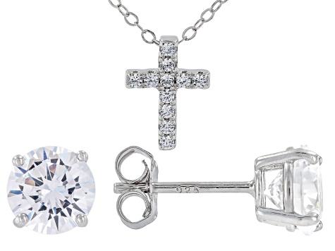 White Cubic Zirconia Rhodium Over Sterling Silver Cross Pendant