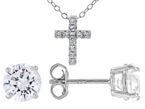 White Cubic Zirconia Rhodium Over Sterling Silver Cross Pendant and Stud Boxed Set 1.33ctw