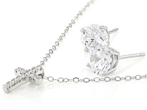 White Cubic Zirconia Rhodium Over Sterling Silver Cross Pendant