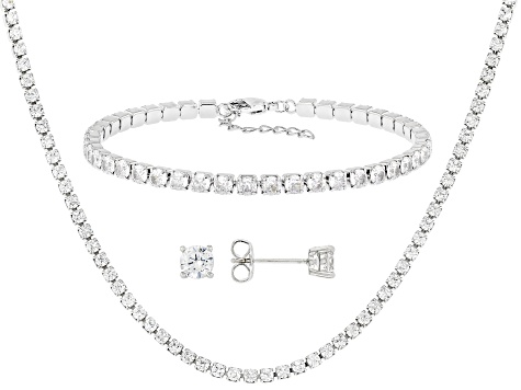White Cubic Zirconia Rhodium Over Brass Tennis Bracelet, Necklace, and Stud Box Set 15.68ctw