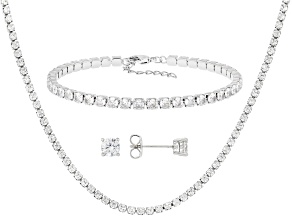 White Cubic Zirconia Rhodium Over Brass Tennis Bracelet, Necklace, and Stud Box Set 15.68ctw