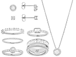 White Cubic Zirconia Rhodium Over Brass Ring, Stud, and Necklace Box Set 8.29ctw