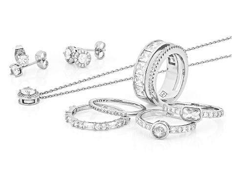 White Cubic Zirconia Rhodium Over Brass Ring, Stud, and Necklace Box Set 8.29ctw