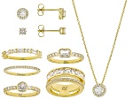 White Cubic Zirconia 18k Yellow Gold Over Brass Ring, Stud, and Necklace Box Set 8.29ctw