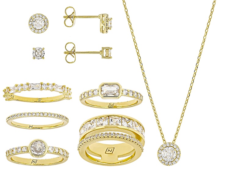 White Cubic Zirconia 18k Yellow Gold Over Brass 8-Piece Jewelry Boxed Gift Set 8.29ctw